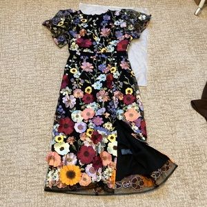 NWT High Neck Floral Embellished A-Line Dress shirt sleeve midi length. M or 4/6
